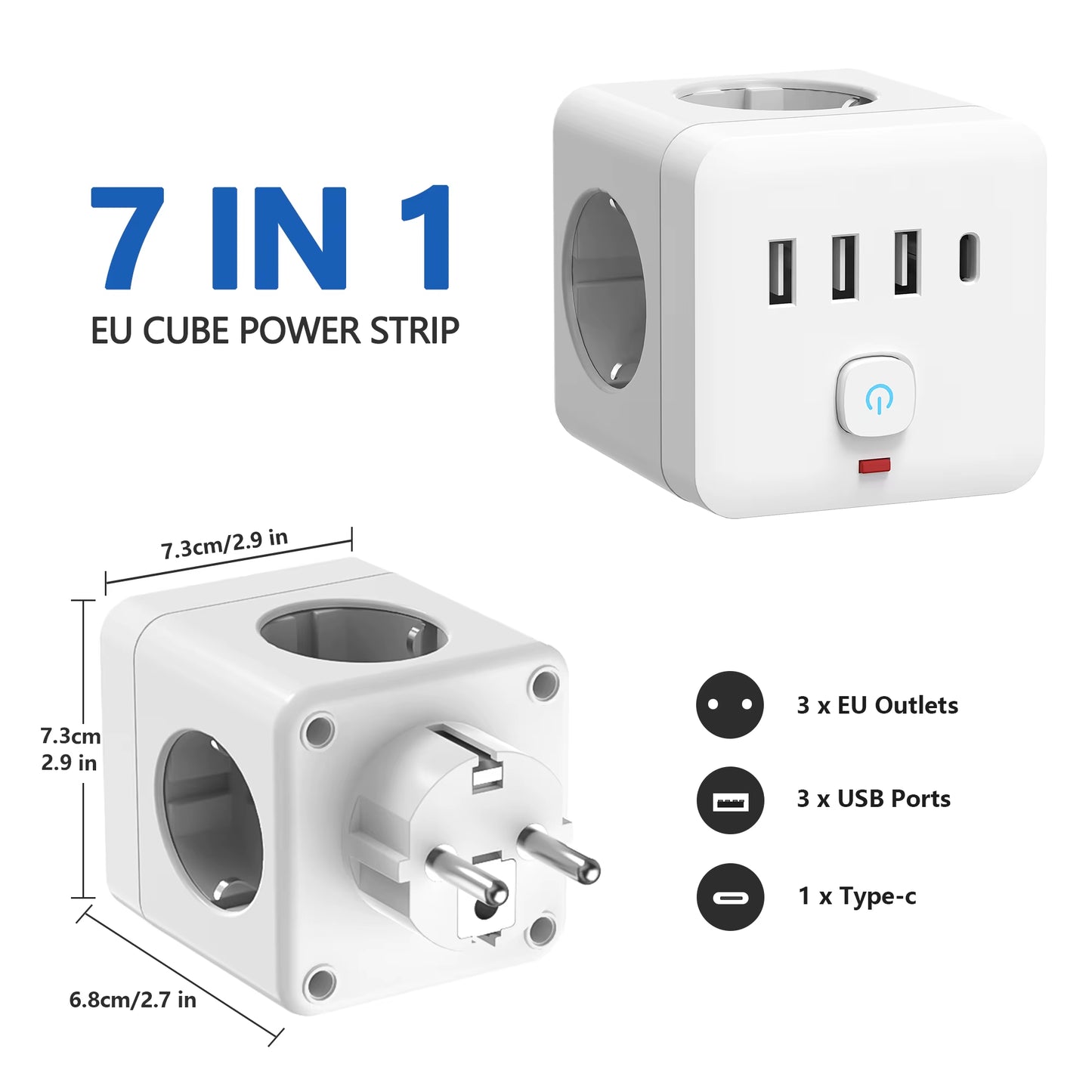 7-In-1 EU Power Strip, Power Strip Surge Protector 3 AC Outlets 3 USB 1 Type-C, Desktop Charging Station with Overload Protecti