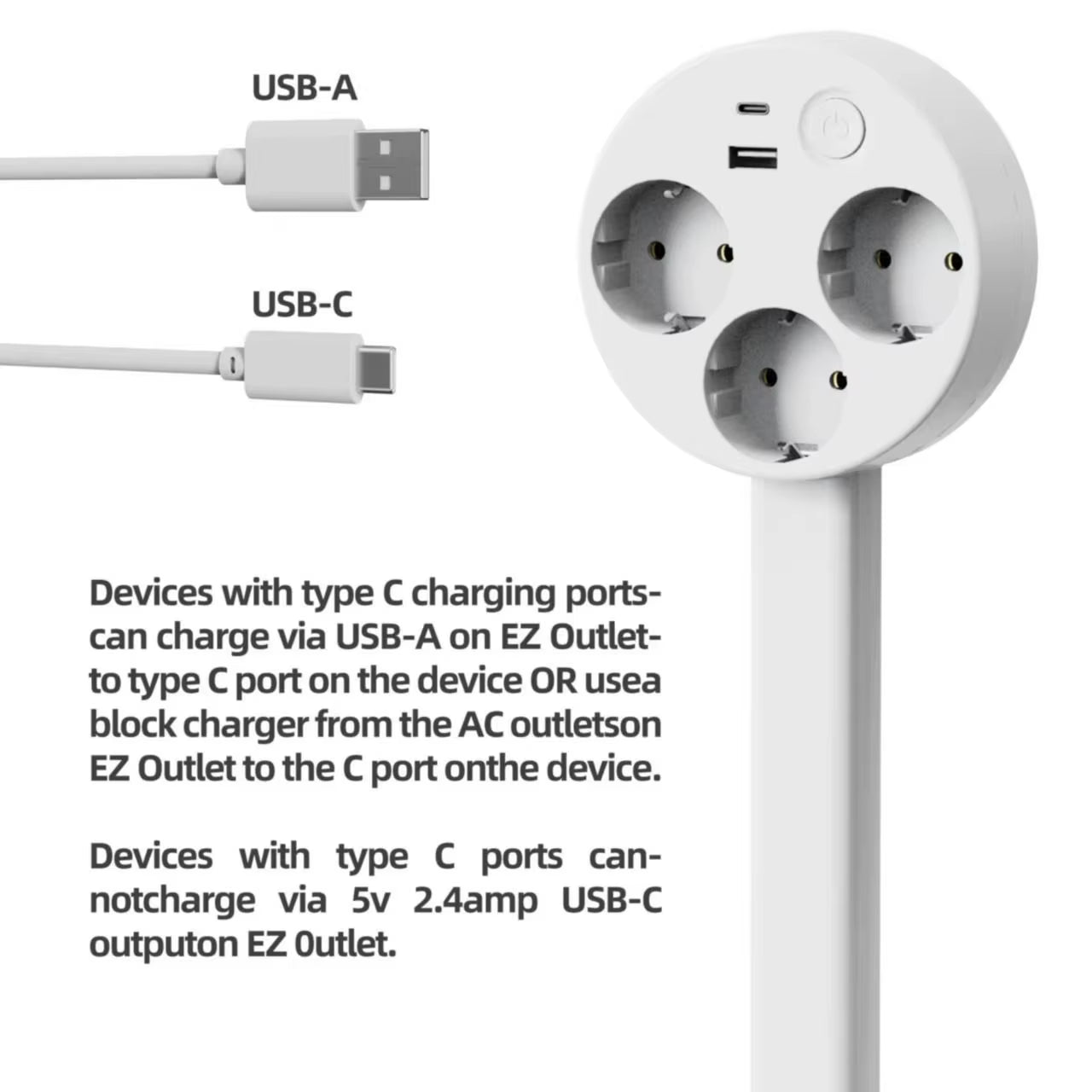 L77A Electrical Outlet Extender Socket Extender 180-Degree Rotation USB-A USB-C and 2 AC Outlets Waterproof Connector Us Eu Plug